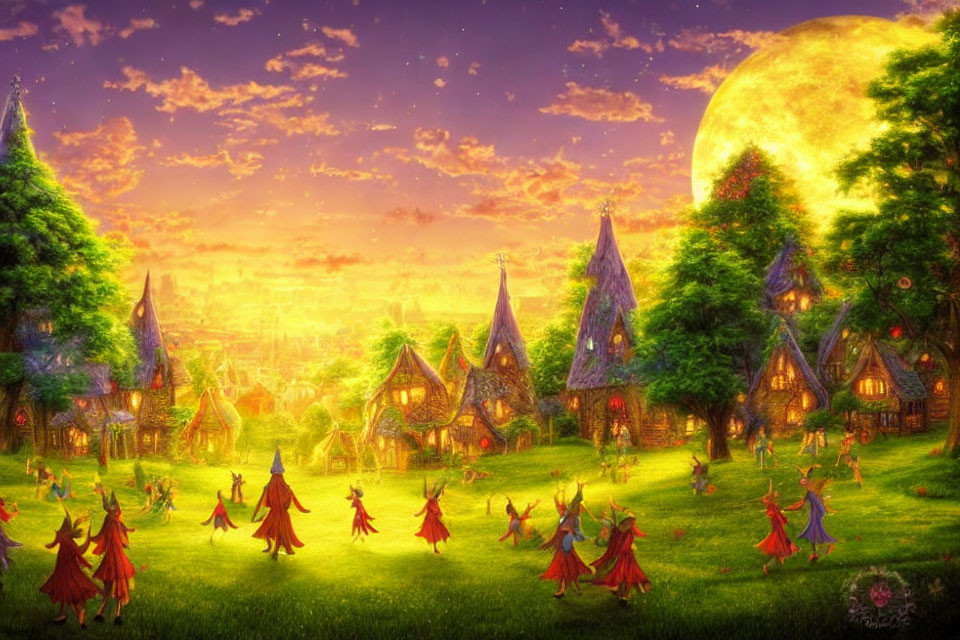 Fantasy landscape with pointy-roofed houses and people in red cloaks dancing under a large