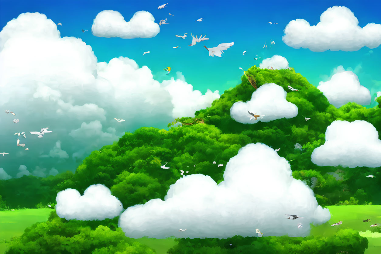 Colorful Stylized Landscape with Green Hill and Blue Sky