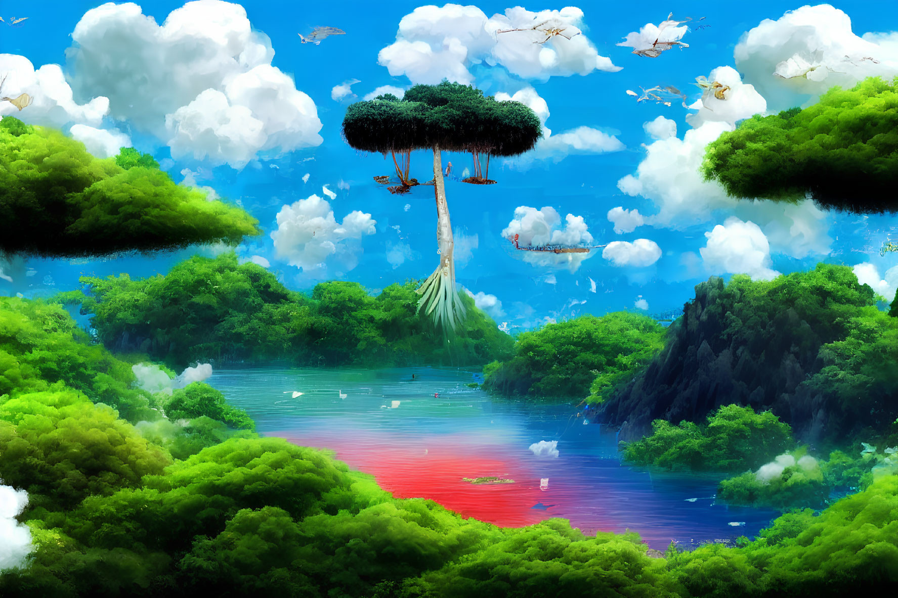 Colorful floating islands with sky-rooted tree in whimsical landscape