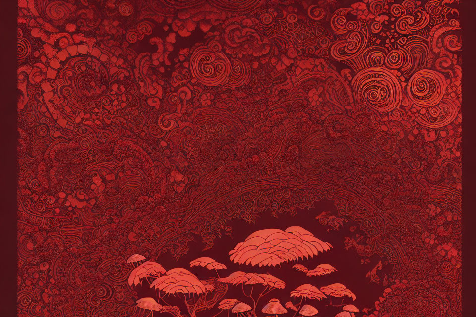 Detailed red pattern with swirls, flowers, and mushrooms on monochromatic background