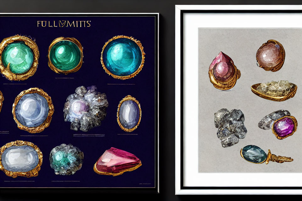 Assorted colorful gemstones in frames on dark backgrounds