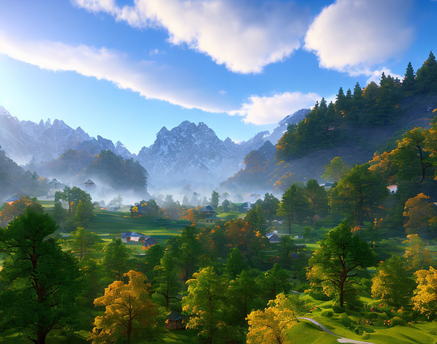 Scenic valley with greenery, homes, mountains, and blue sky