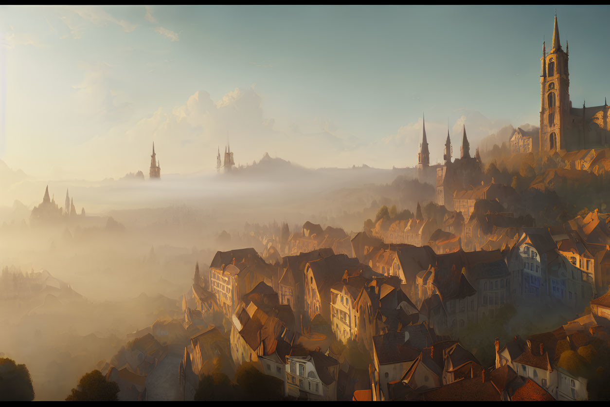 Historic cityscape with misty dawn light and towering spires
