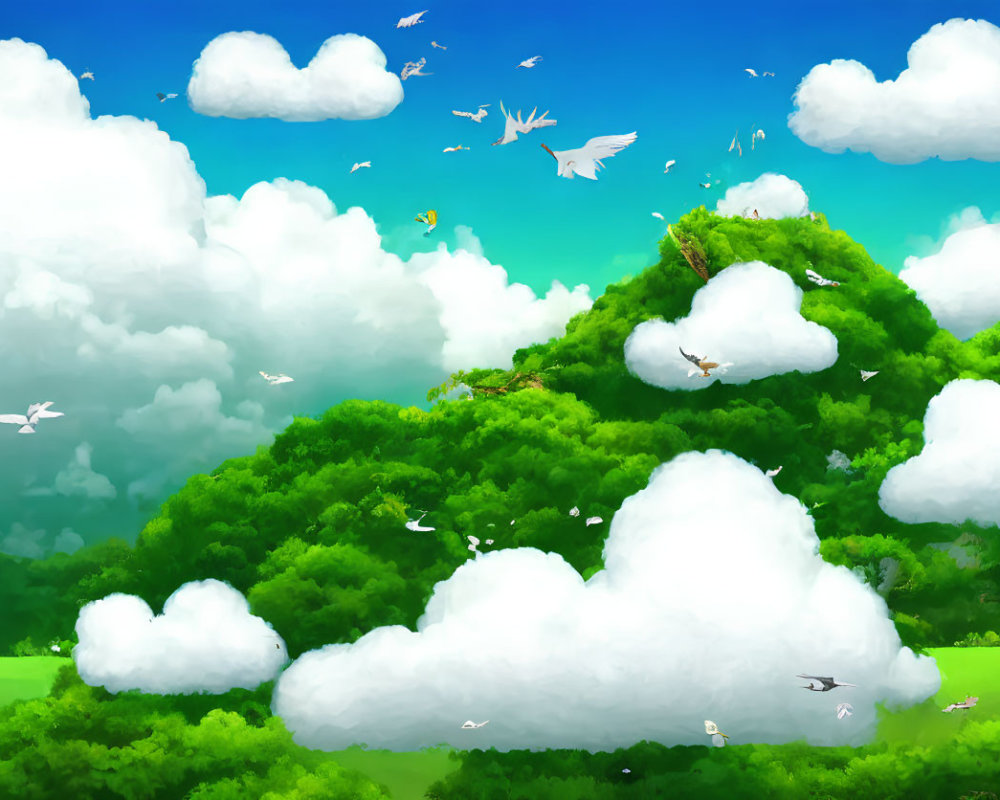 Colorful Stylized Landscape with Green Hill and Blue Sky