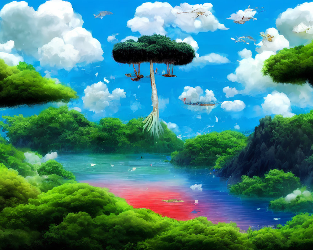 Colorful floating islands with sky-rooted tree in whimsical landscape