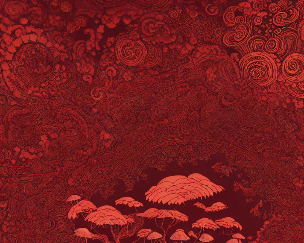 Detailed red pattern with swirls, flowers, and mushrooms on monochromatic background
