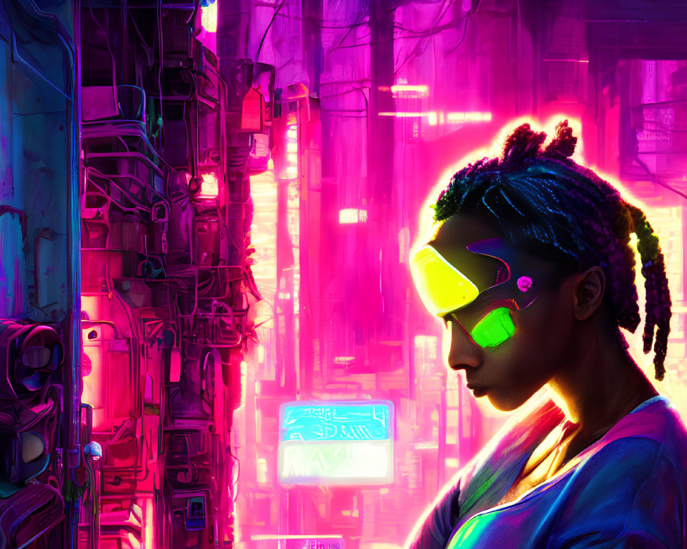 Futuristic glasses wearer in front of neon-lit cityscape