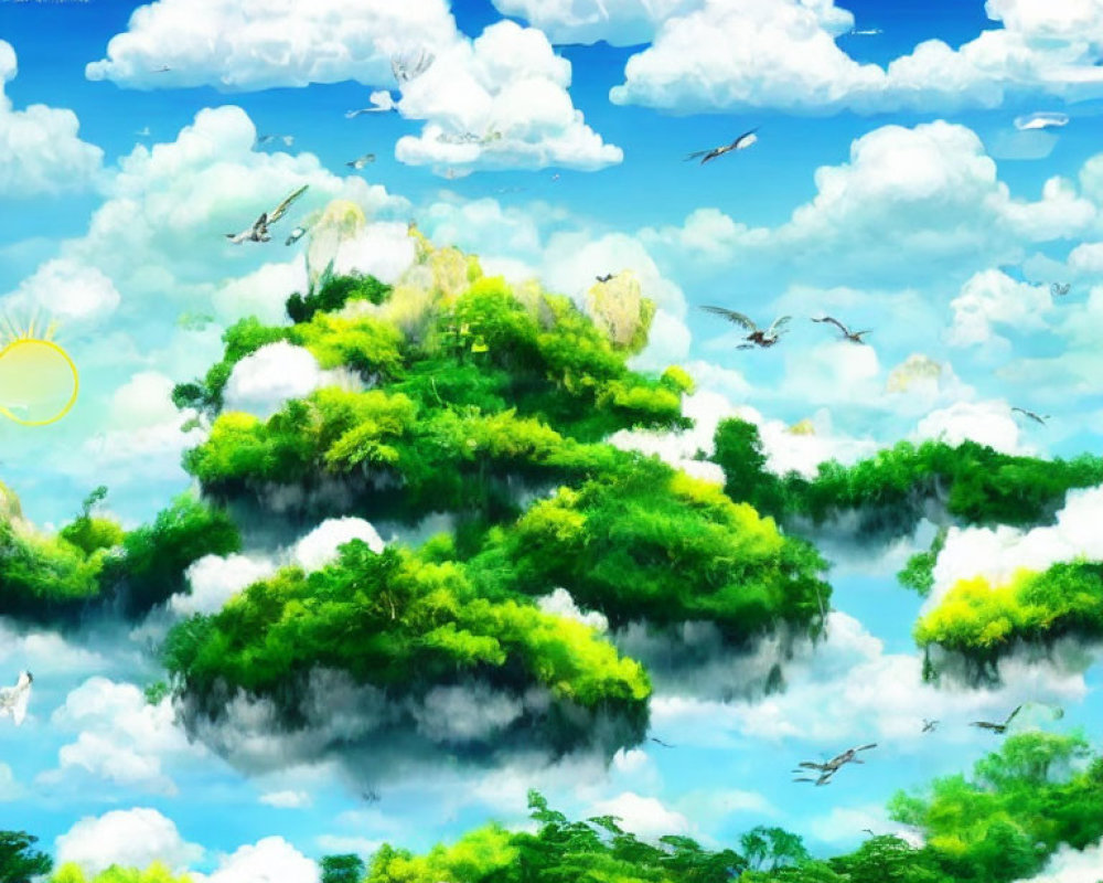 Green floating islands with trees, birds, and sun glow under blue sky