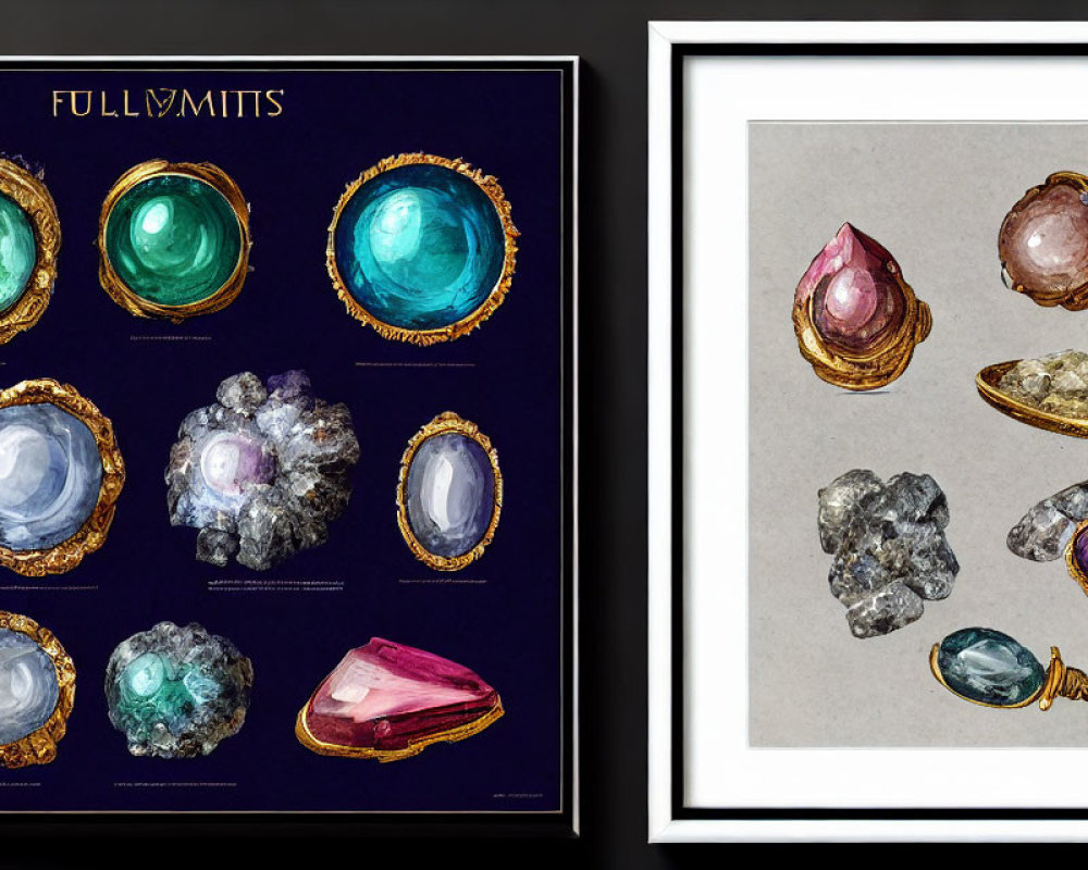 Assorted colorful gemstones in frames on dark backgrounds