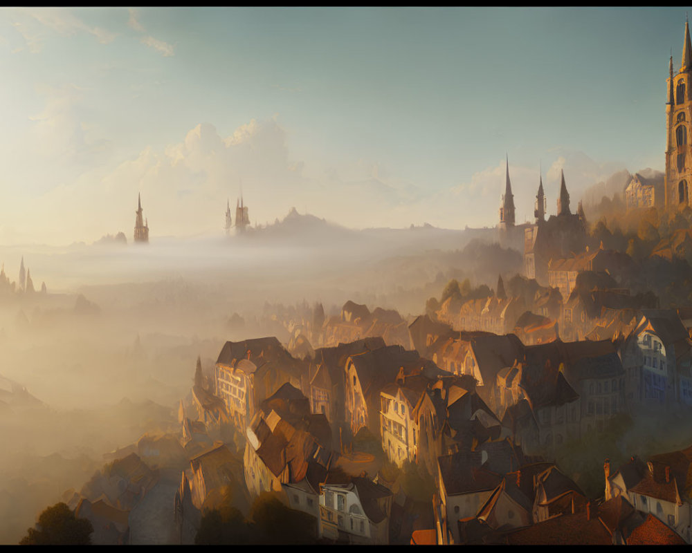 Historic cityscape with misty dawn light and towering spires
