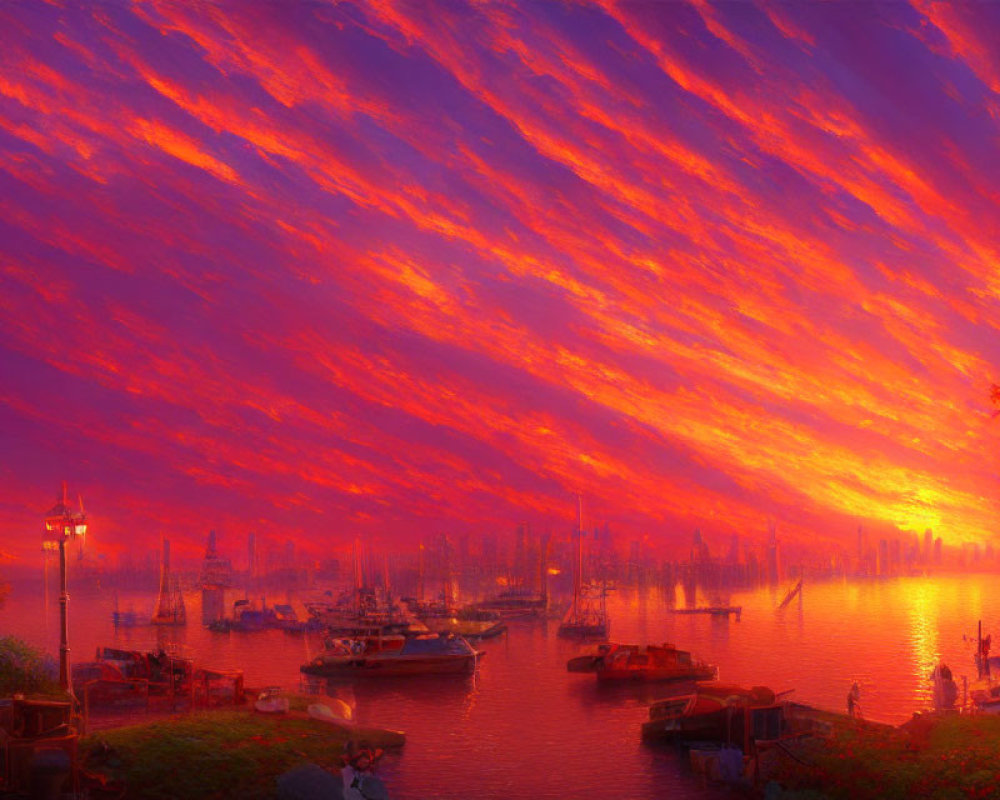 Tranquil harbor at sunset with streaked clouds and boats