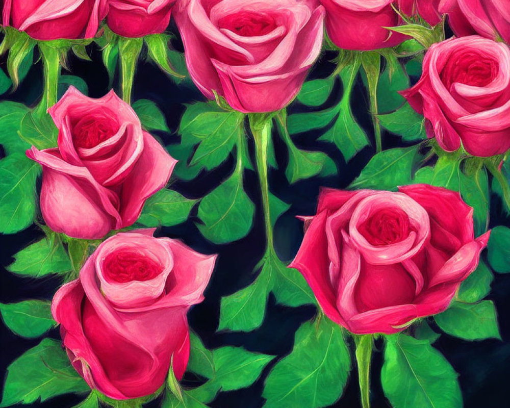 Vibrant pink roses and lush green leaves on dark background