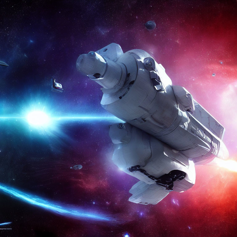 Detailed Spaceship Gliding in Vibrant Cosmic Scene