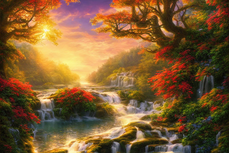 Tranquil Waterfall in Lush Greenery at Sunrise