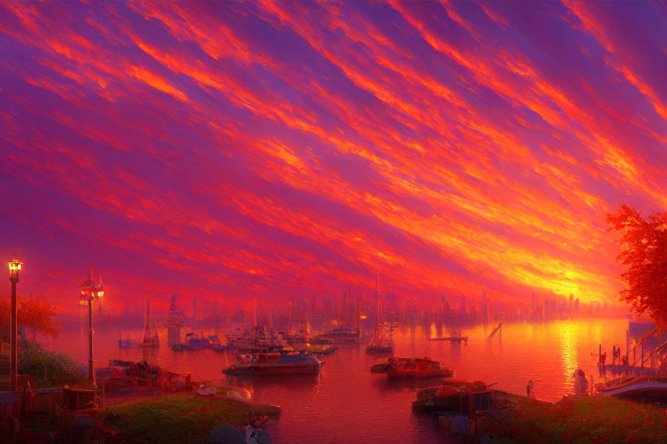 Tranquil harbor at sunset with streaked clouds and boats