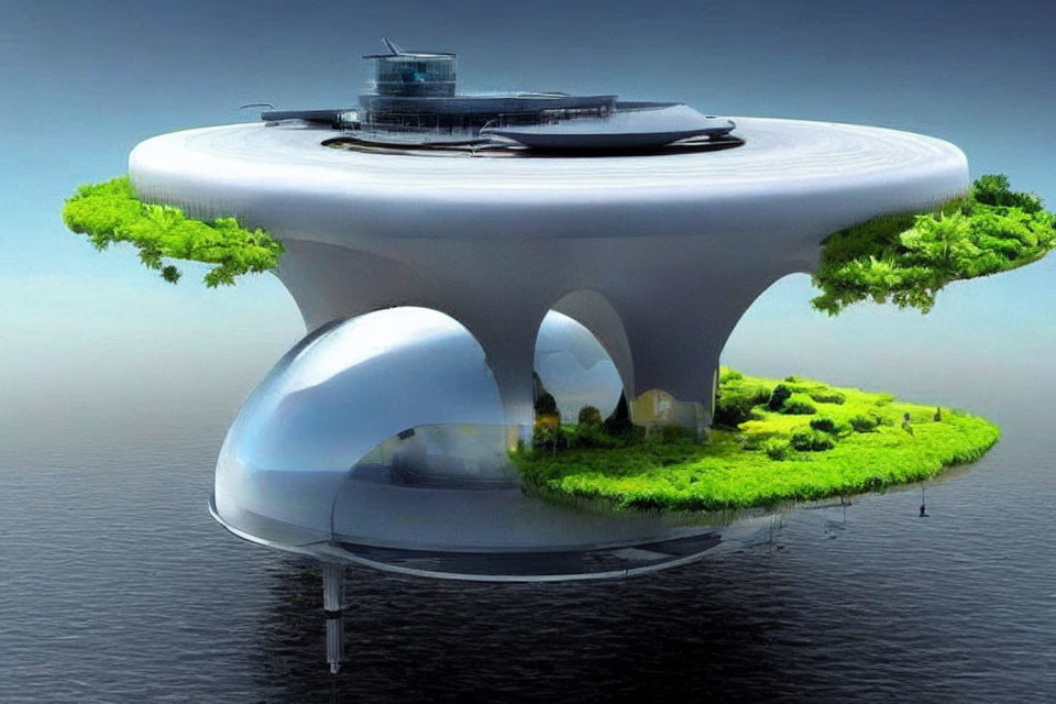 Sleek white mushroom-like structure on futuristic floating island