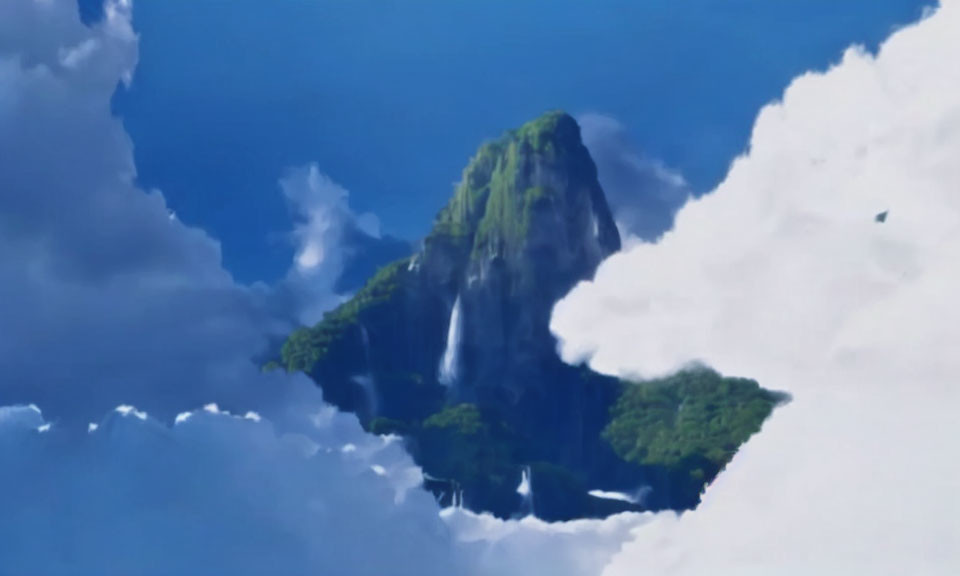 Scenic green mountain peak with waterfalls and clouds on blue sky