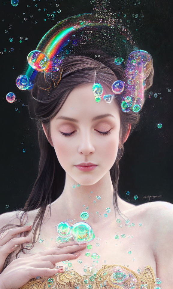 Woman with closed eyes in iridescent bubble and rainbow scene