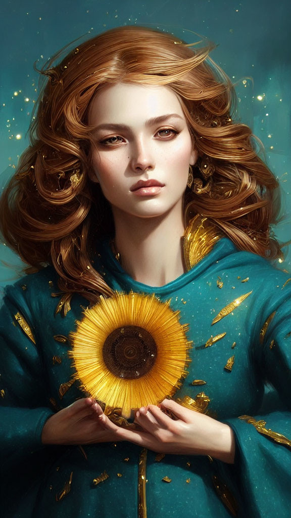 Golden-haired woman with sunflower and petals in turquoise attire