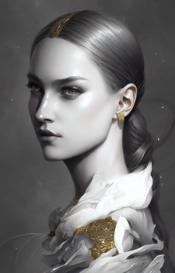 Monochromatic portrait of woman with gold jewelry and braided hairstyle