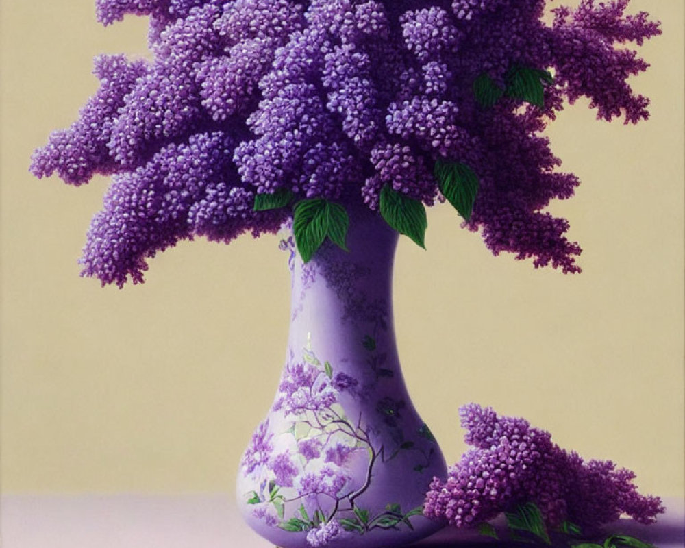 Lilac-filled vase with floral patterns on purple surface against yellow background