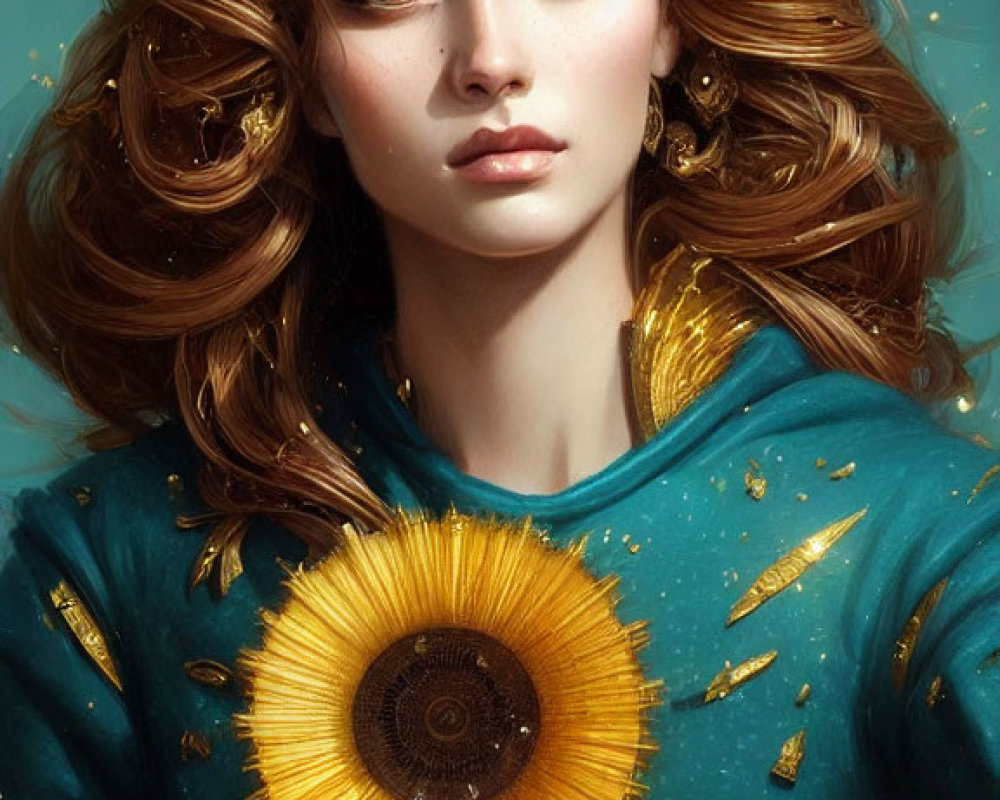 Golden-haired woman with sunflower and petals in turquoise attire