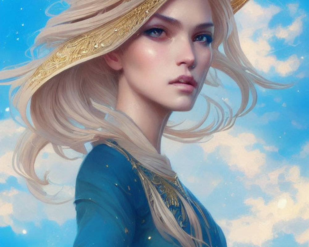 Blonde Woman in Blue Dress and Golden Hat Artwork