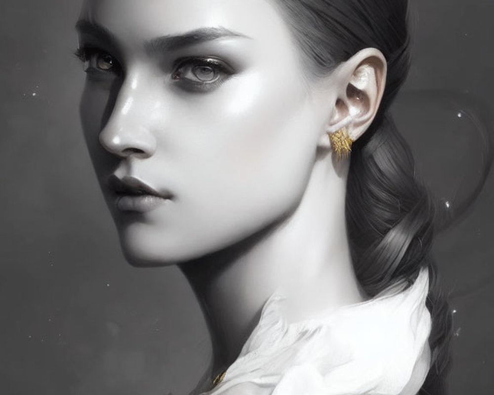 Monochromatic portrait of woman with gold jewelry and braided hairstyle
