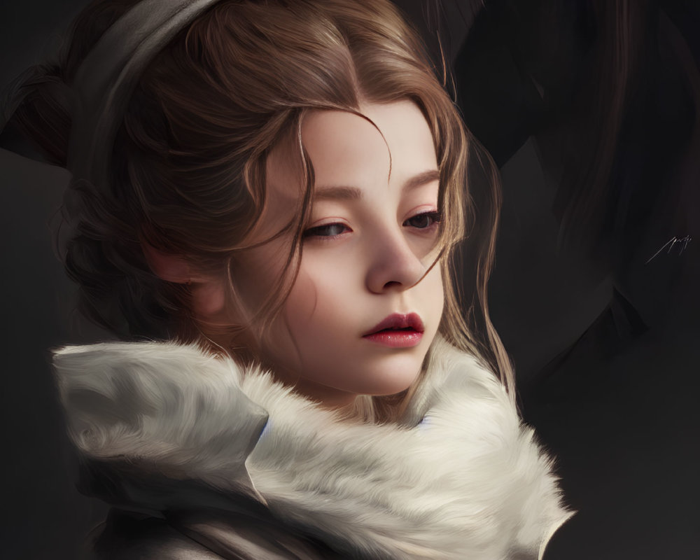 Detailed digital painting of young woman with fur collar and headband