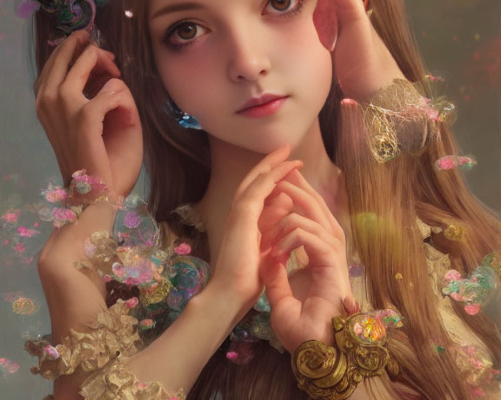 Young woman with long brown hair, floral wreath, gold bracelets, surrounded by petals and bubbles.