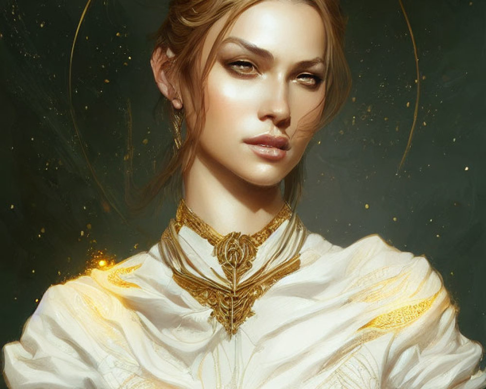 Ethereal woman with glowing halo and golden attire.