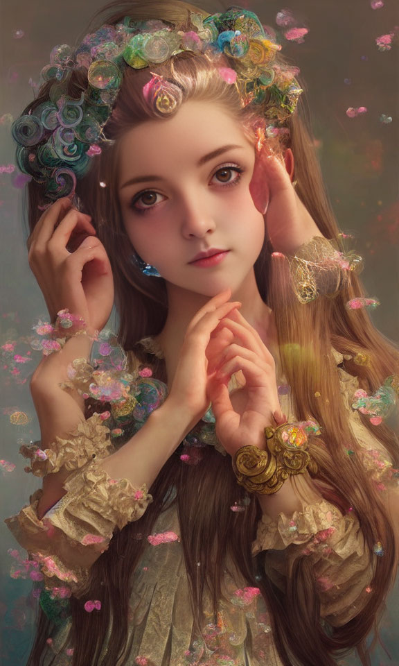 Young woman with long brown hair, floral wreath, gold bracelets, surrounded by petals and bubbles.
