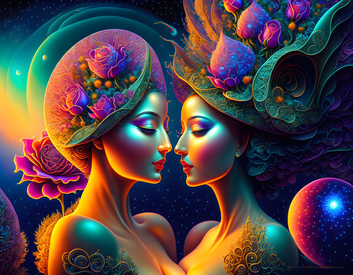 Stylized women with floral hats in cosmic setting, vibrant blue and orange colors