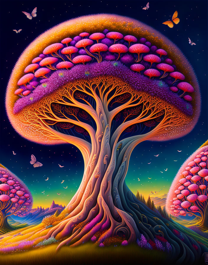 Colorful surreal painting of large mushroom-shaped tree in starry sky