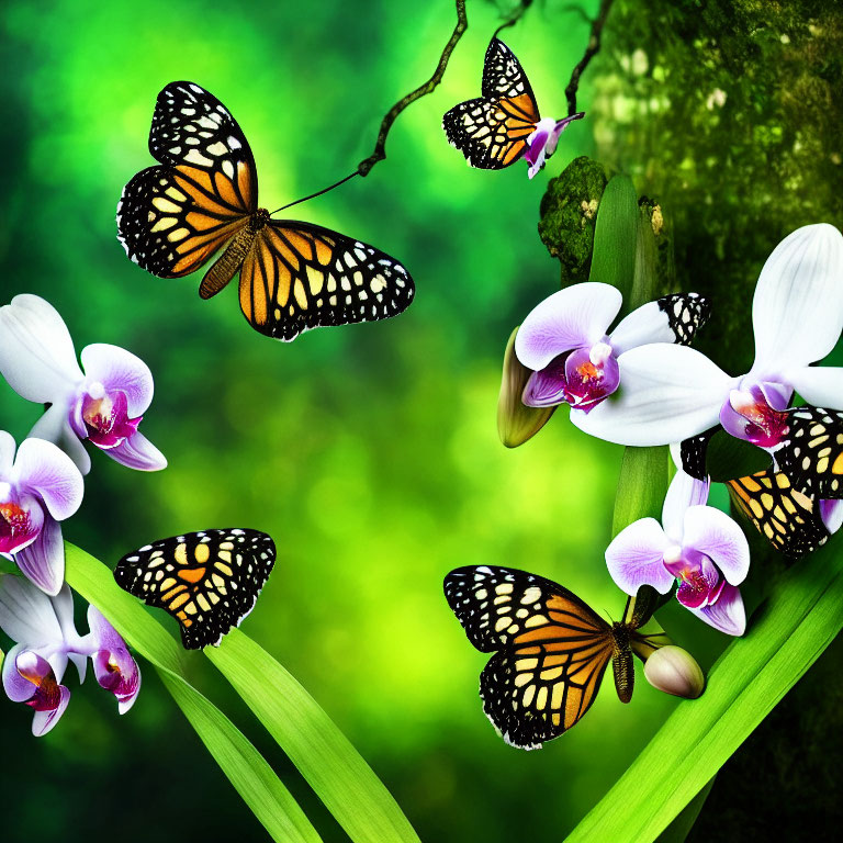 Colorful Monarch Butterflies on White and Purple Orchids in Forest Setting