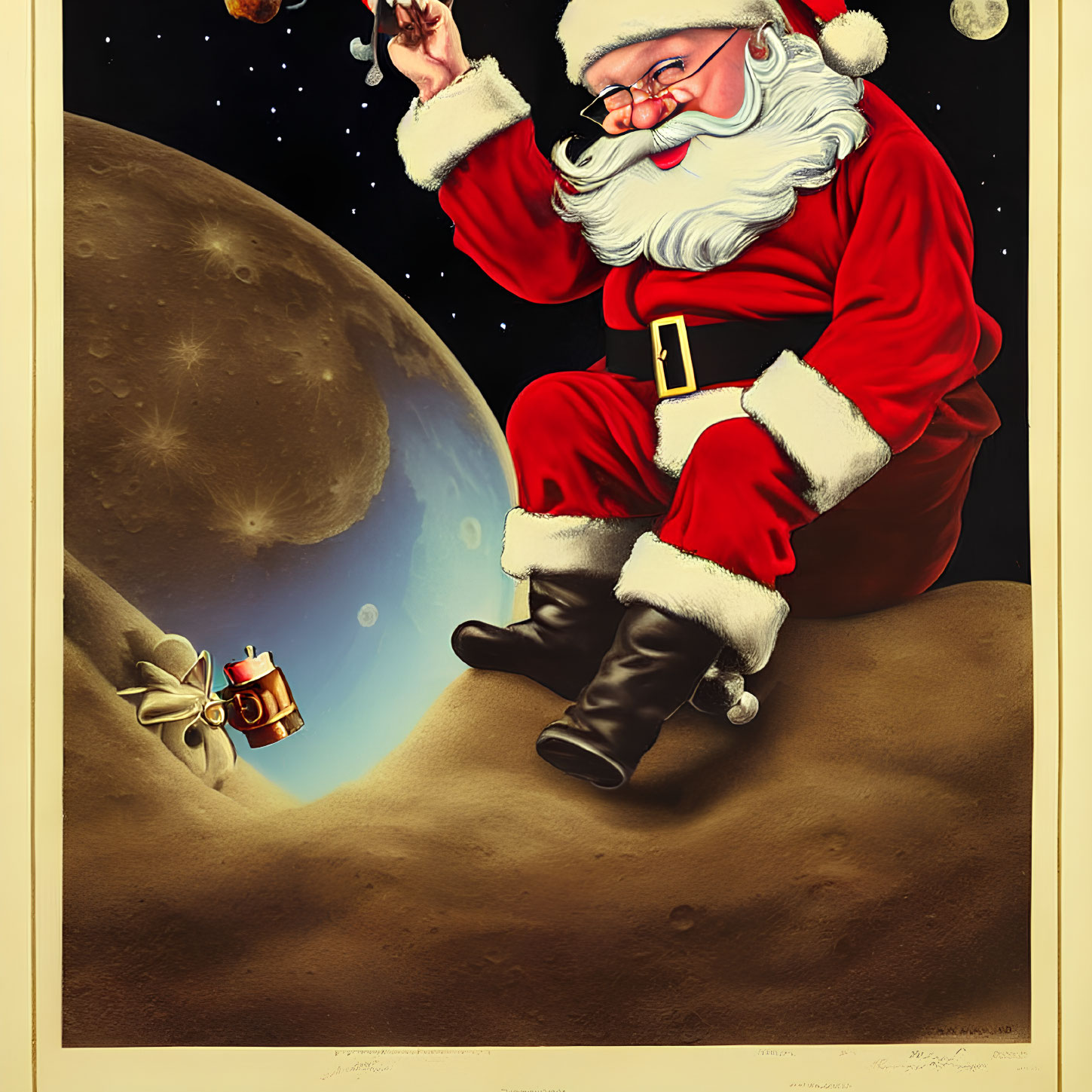 Santa Claus on Crescent Moon with Earth in Starry Night Sky