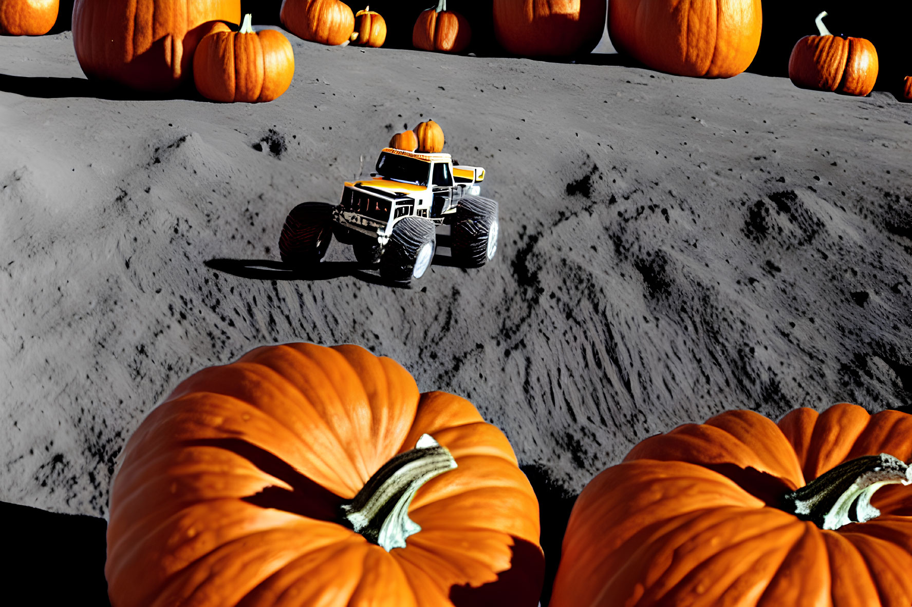 Surreal lunar rover among pumpkins on moon-like terrain