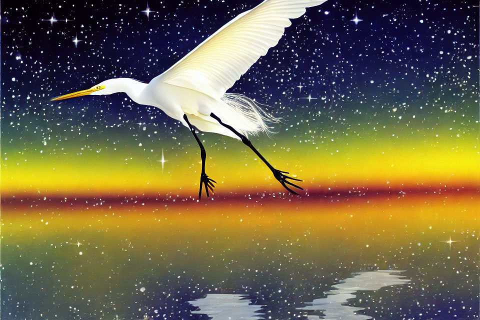 Great Egret Flying at Twilight with Starry Sky and Water Reflections