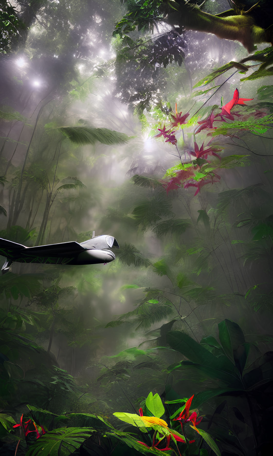 Futuristic hovering vehicle in lush jungle with red plants and sunlight.