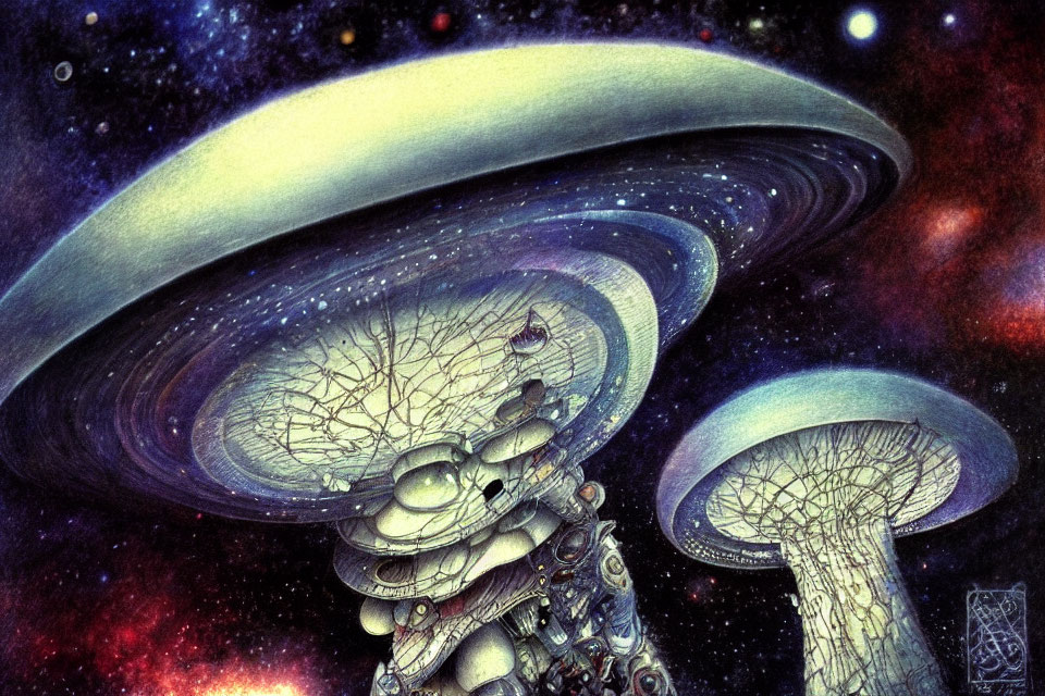 Surreal cosmic landscape with mushroom-like structures and Saturn-like rings.