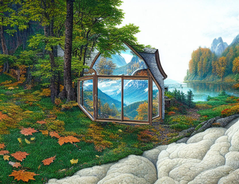 Glass house surrounded by autumn foliage near lake and mountains