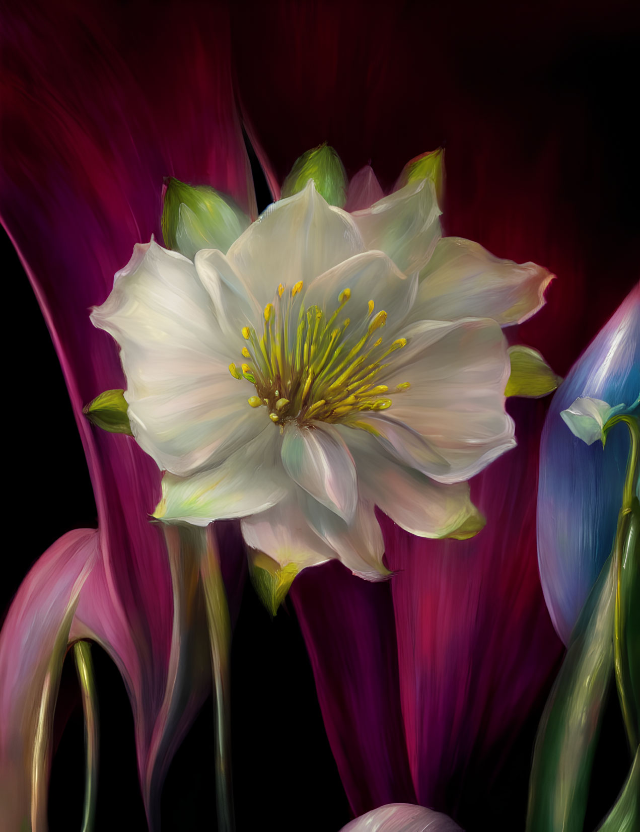 White Flower with Yellow Stamens in Digital Painting Against Dark Background
