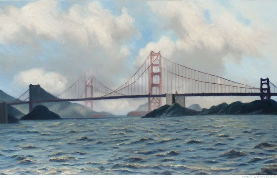 Golden Gate Bridge painting with choppy blue water and cloudy sky