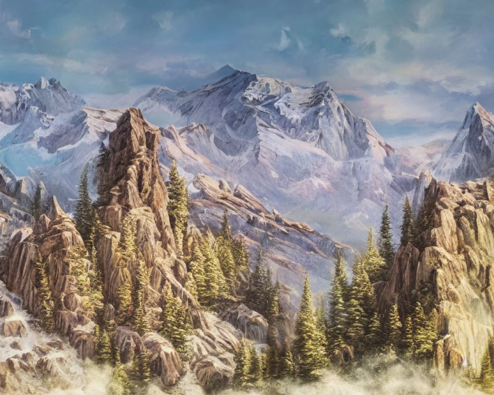 Majestic mountain landscape with rugged peaks and waterfall