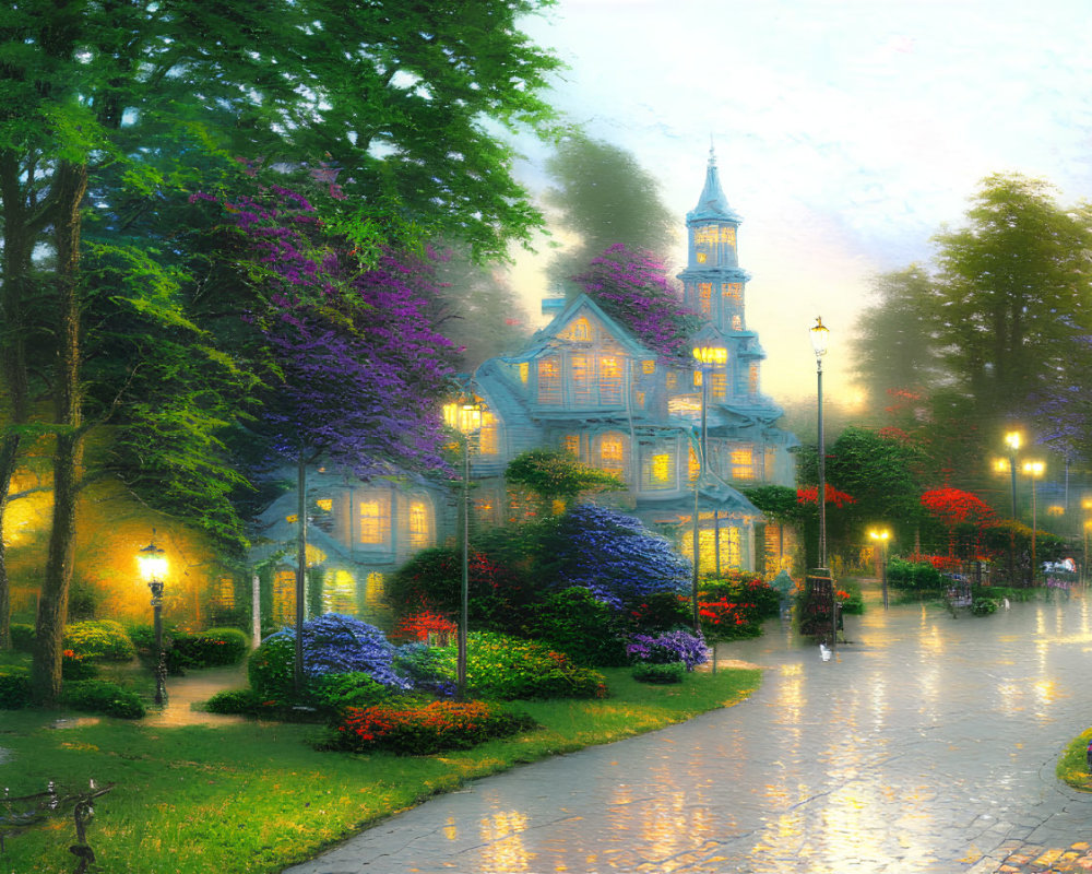 Victorian-style Blue House with Wisteria and Garden at Dusk