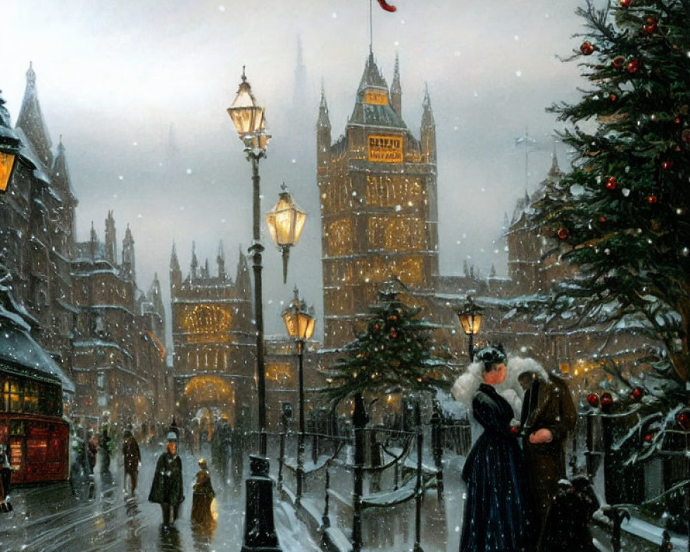 Victorian-era snow-covered street scene with gas lamps and gothic architecture buildings