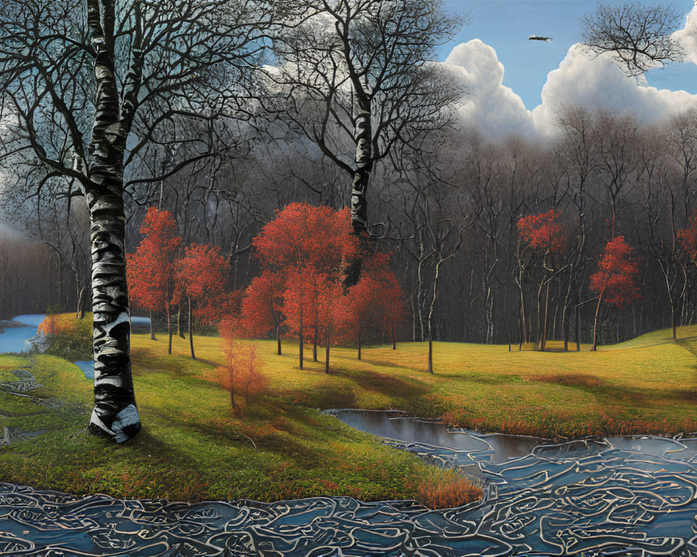 Stylized landscape with bare trees, river, red-leafed trees, hills, and cloud