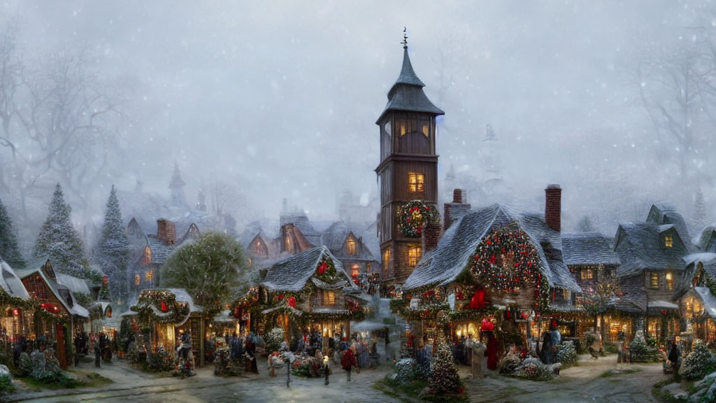 Snowy village scene with holiday decorations and Christmas market in snowfall