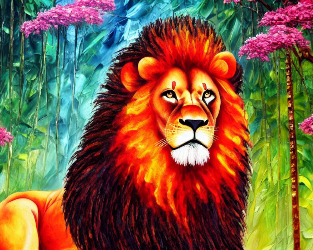 Colorful Painting of Majestic Lion with Red Mane in Lush Jungle