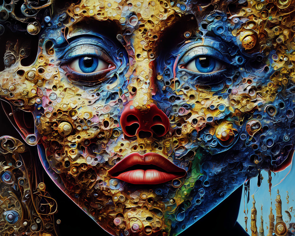 Colorful Digital Artwork: Female Face with Mechanical Gears
